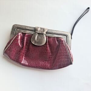Wine & Gray Croc Leather Embossed Purse w/ Different Size Handles - 12" X 8"